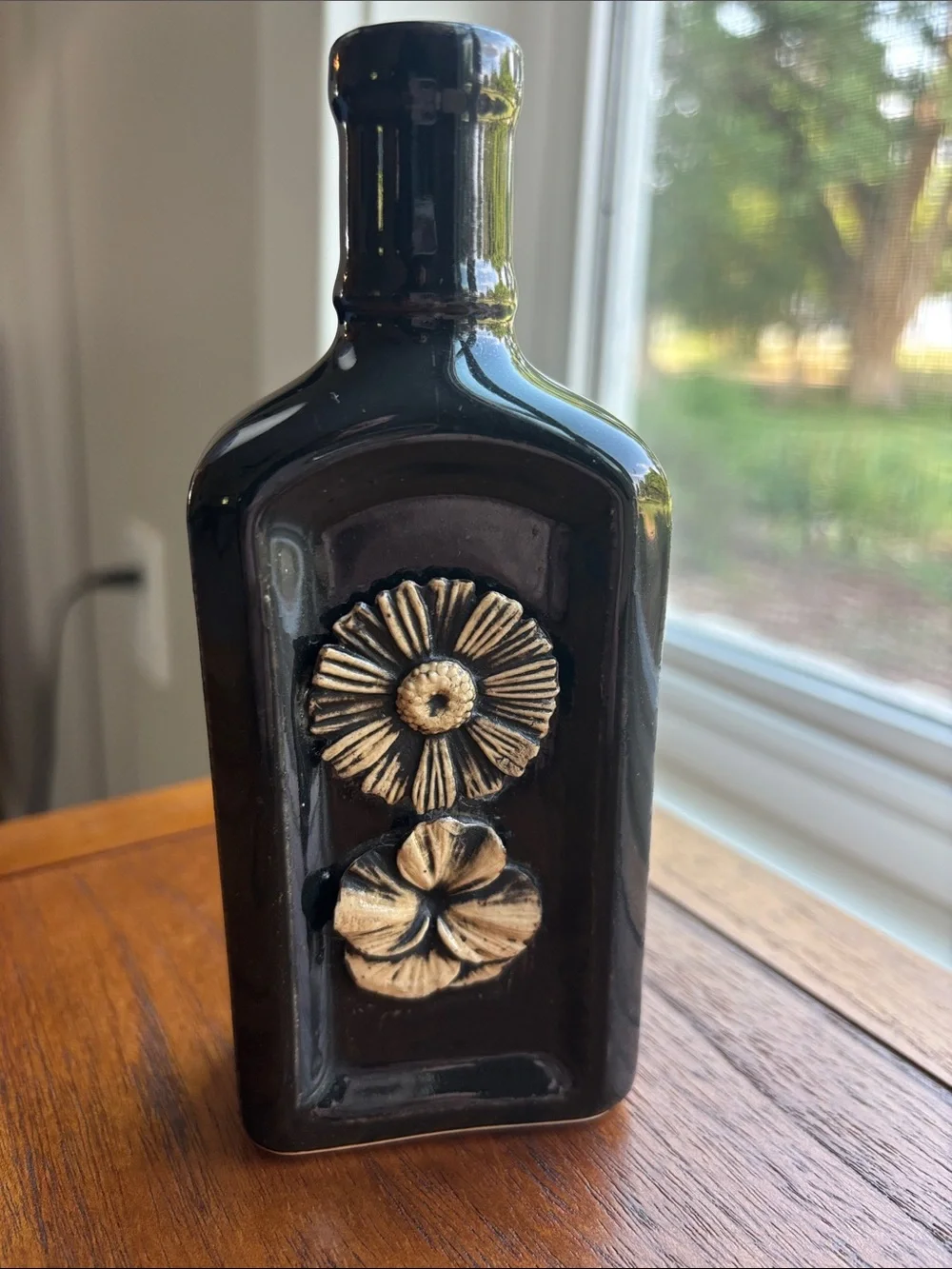 Vintage MCM Black Floral Ceramic Flask Bud Vase Japan